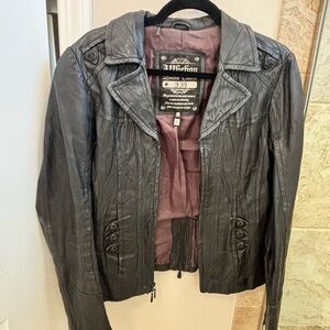 Affliction Black Leather Jacket with Purple Lining